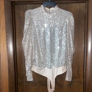 Rachel Zoe Sparkling Silver Sequin Bodysuit